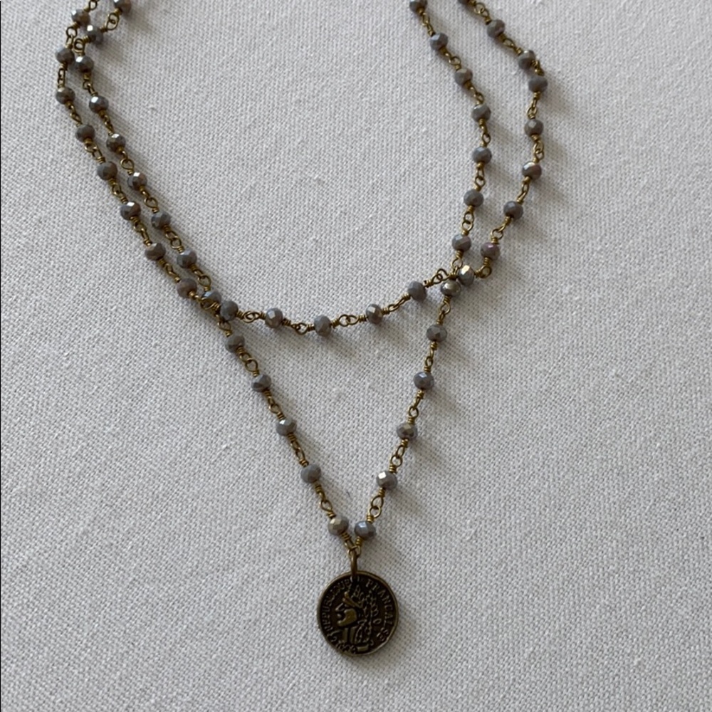 Grey beaded layering necklace w/ charm